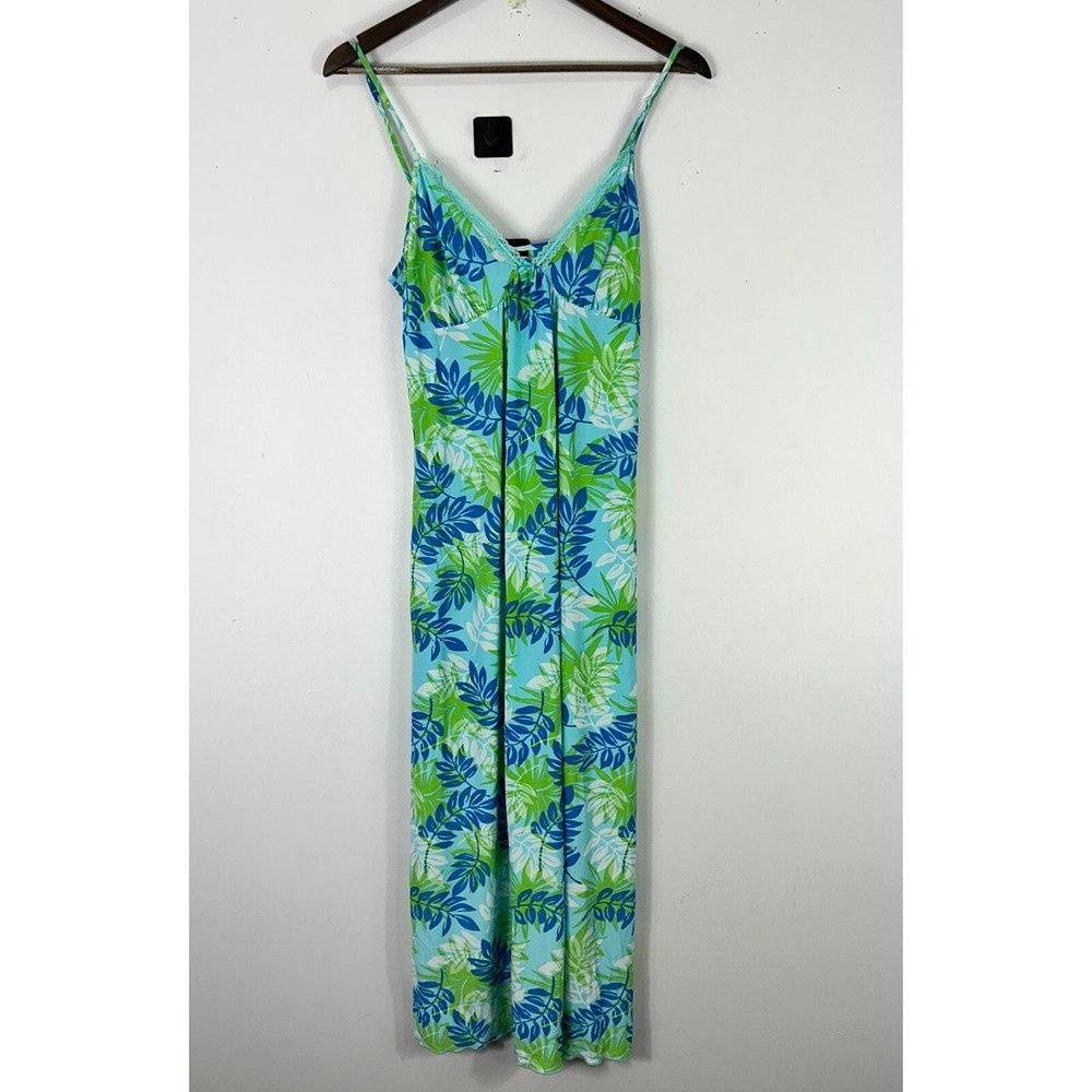 Studio Donatella Slip Dress Women M Blue Green Leaf Print Lace Resort Y2K Beachy